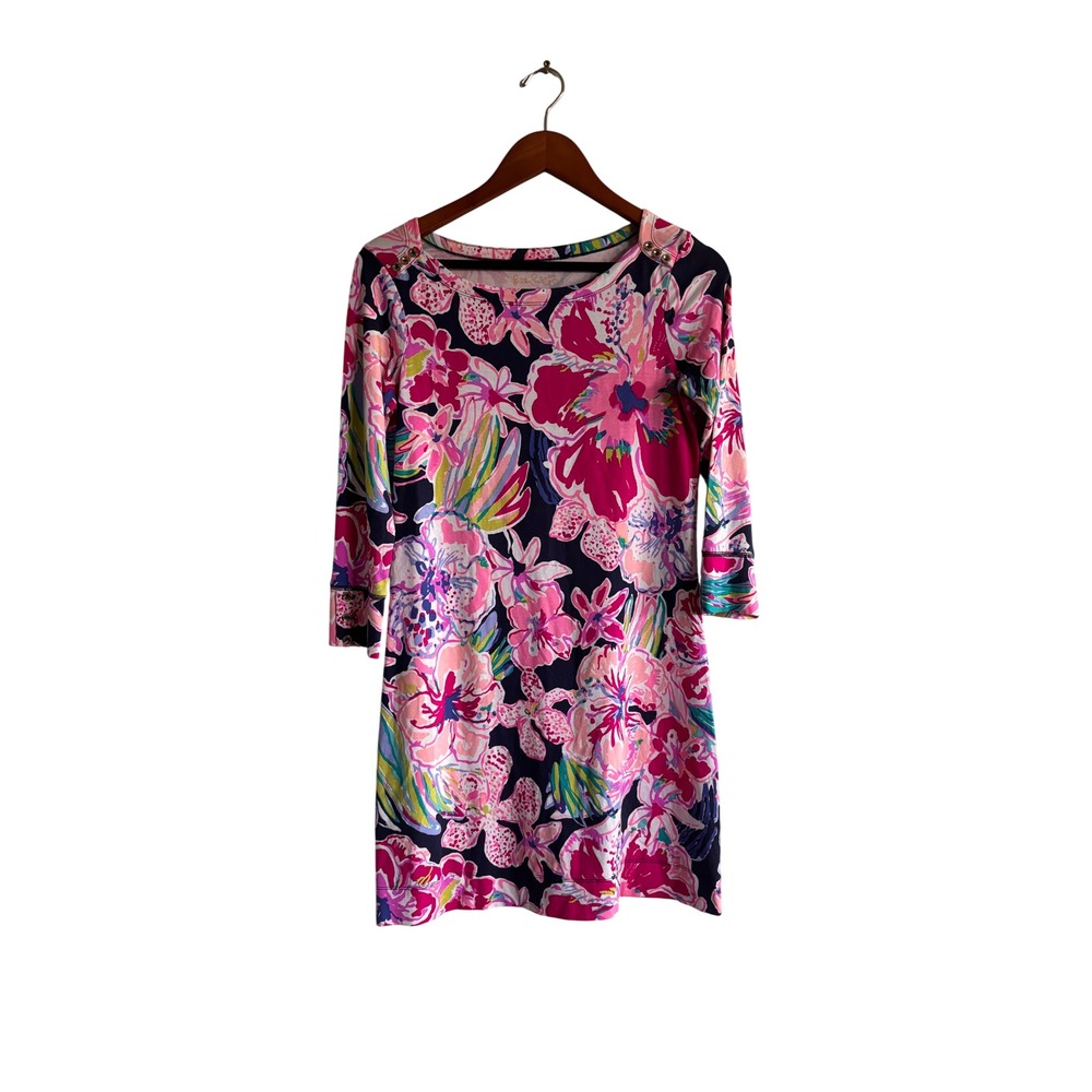 Lilly Pulitzer Womens 3/4 Sleeve Floral Print Shift Dress Navy Pink Blue